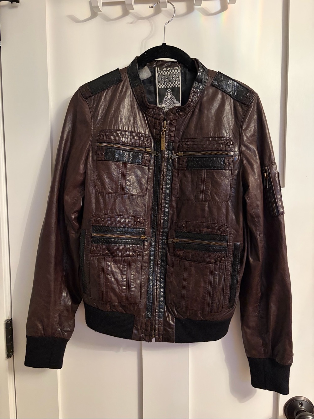 L.A.M.B. Women’s Dark Brown Leather Bomber Jacket with Black Trim